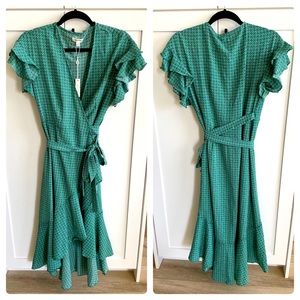 Green patterned high low wrap dress